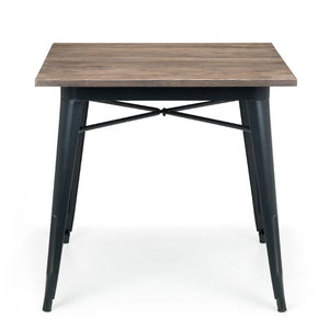 Square table with wooden top and black metal legs on a white background