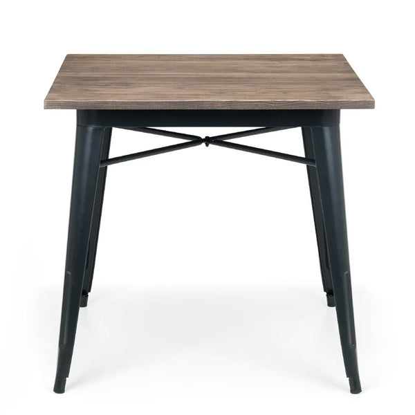 Square table with wooden top and black metal legs on a white background