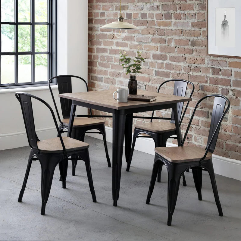 Square table with wooden top and metal legs on a white background
