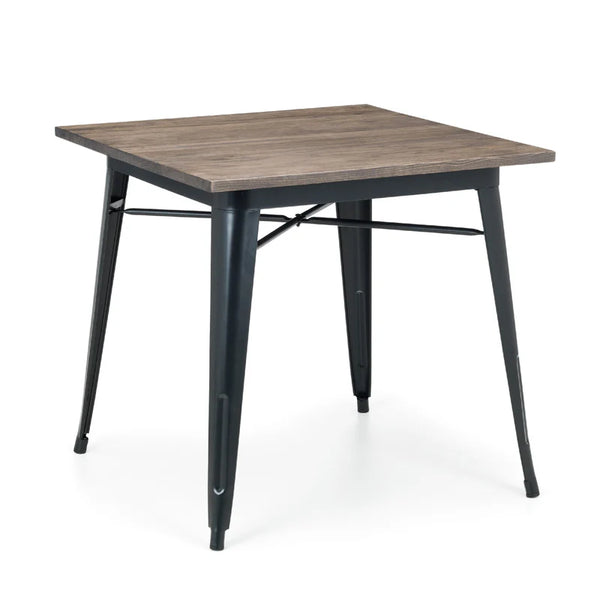 Square table with wooden top and metal legs on a white background