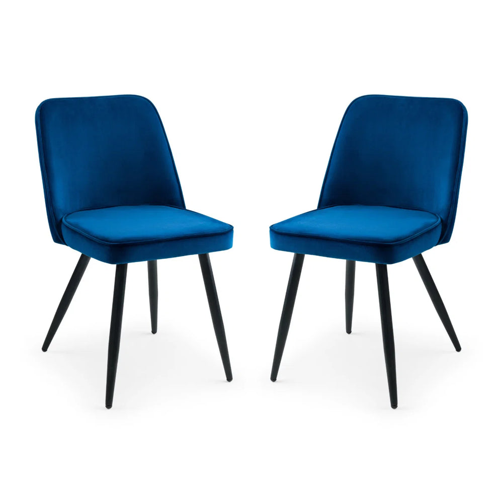 Two blue chairs with black legs on a white background