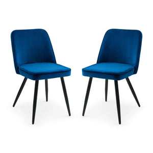 Two blue chairs with black legs on a white background