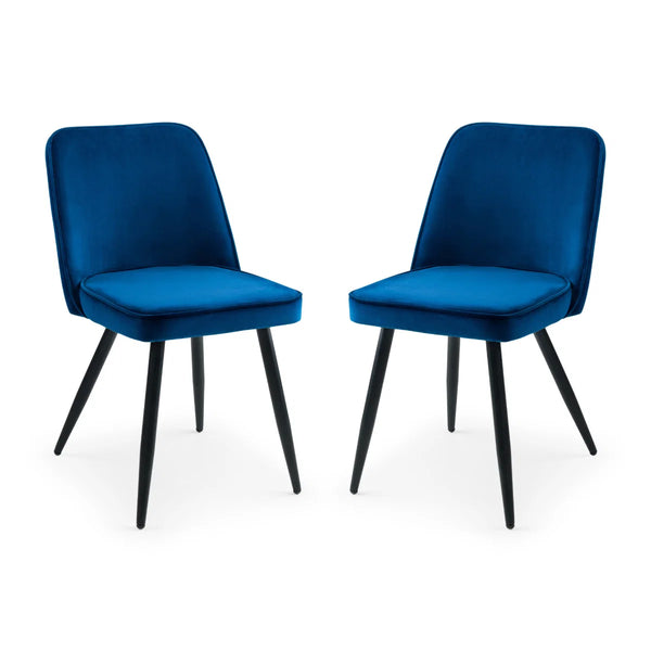 Two blue chairs with black legs on a white background