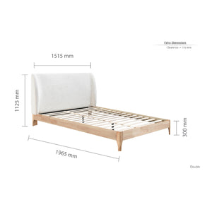 Wooden bed frame with dimensions labeled on a white background