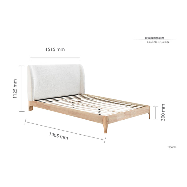 Wooden bed frame with dimensions labeled on a white background