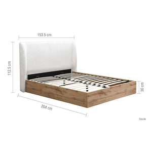 Bed with dimensions labeled on a white background