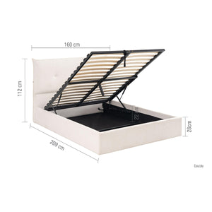 White bed frame with black metal slats and dimensions on a white background