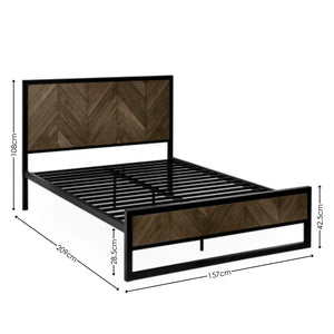 Bed frame with wooden headboard and footboard, showing dimensions on a white background