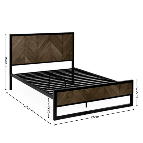 Bed frame with wooden headboard and footboard, showing dimensions on a white background