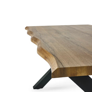 Wooden table with black metal legs on a white background