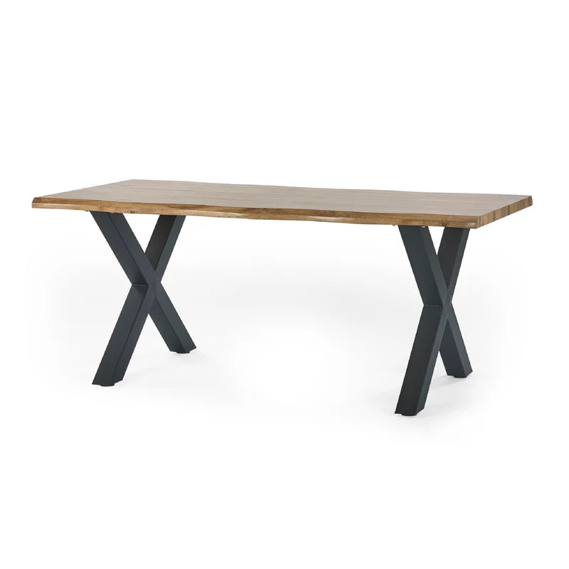Wooden table with black metal legs on a white background