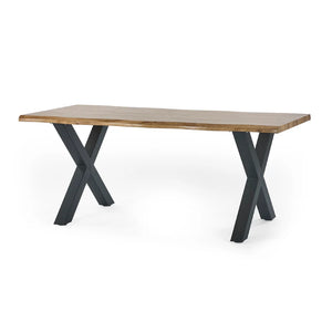 Wooden table with black metal legs on a white background