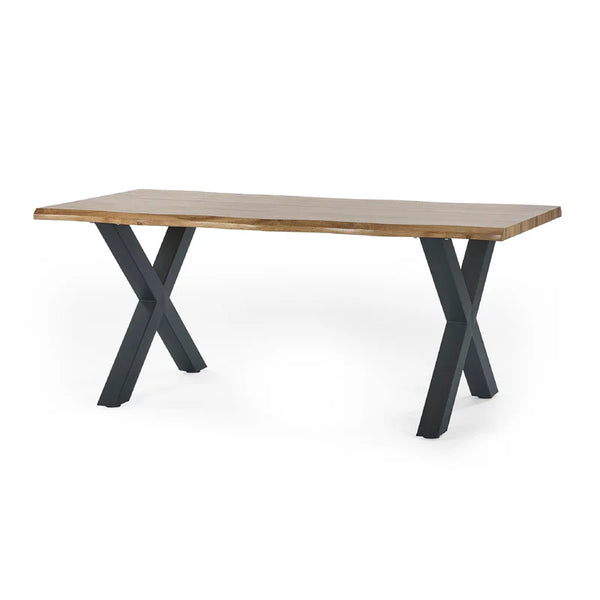 Wooden table with black metal legs on a white background