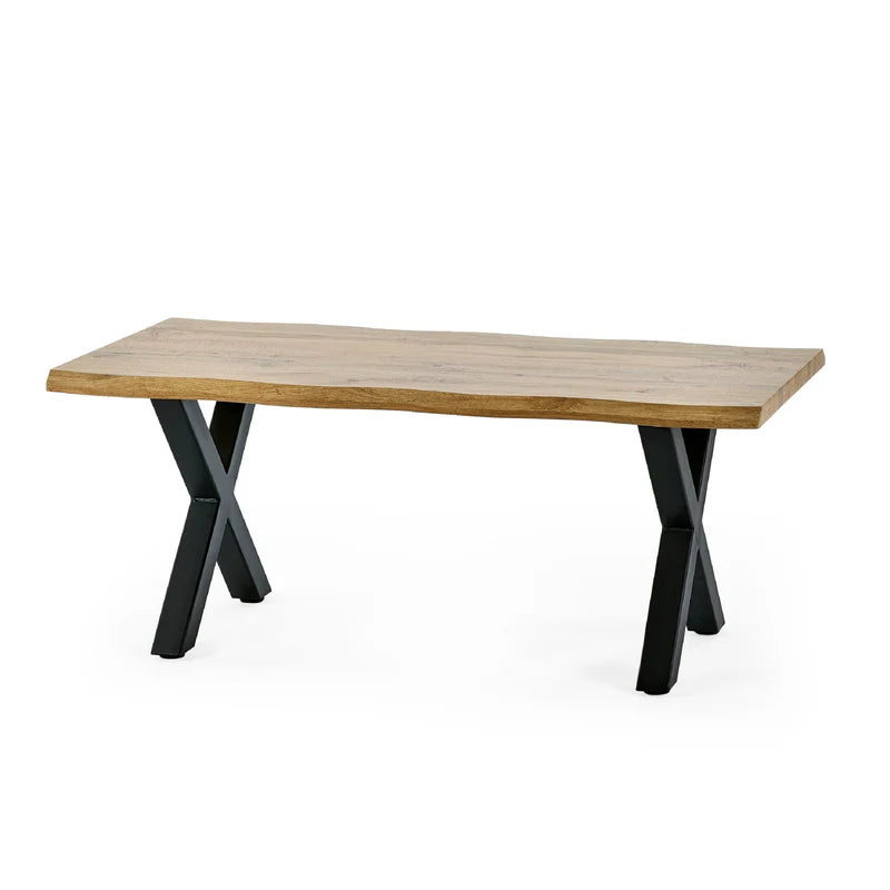 Wooden table with black metal legs on a white background