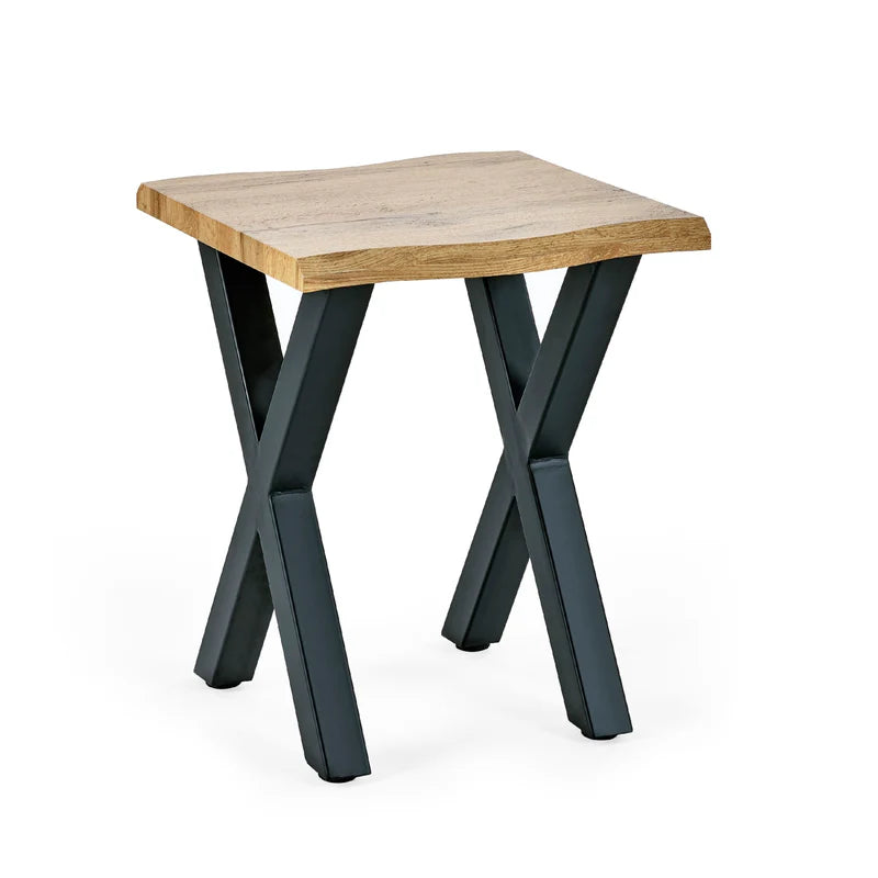 Small wooden table with black metal legs on a white background