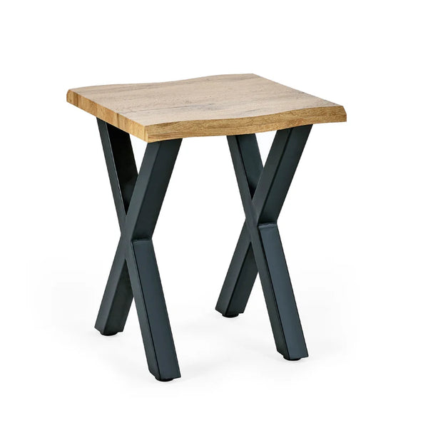 Small wooden table with black metal legs on a white background