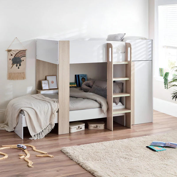 Bunk bed with storage shelves in a room with toys on the floor.