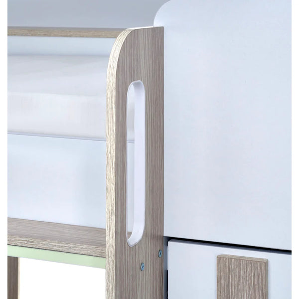 Wooden bunk bed with white mattress and wooden ladder.