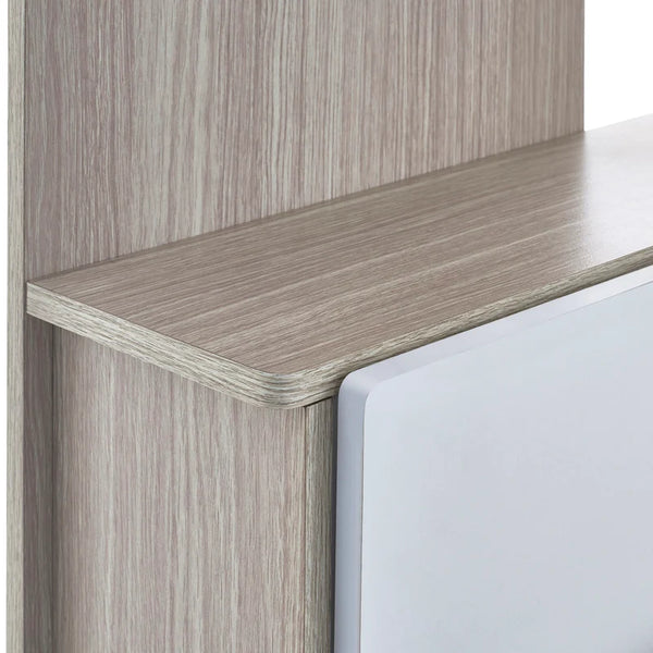 Close-up of a wooden shelf with a white surface underneath