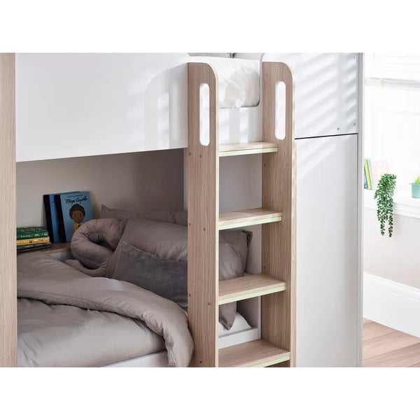 Wooden bunk bed with shelves in a room setting