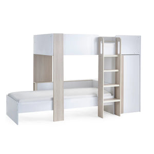 White and light wood bunk bed with desk on a white background