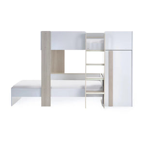 White bunk bed with desk and ladder on a white background