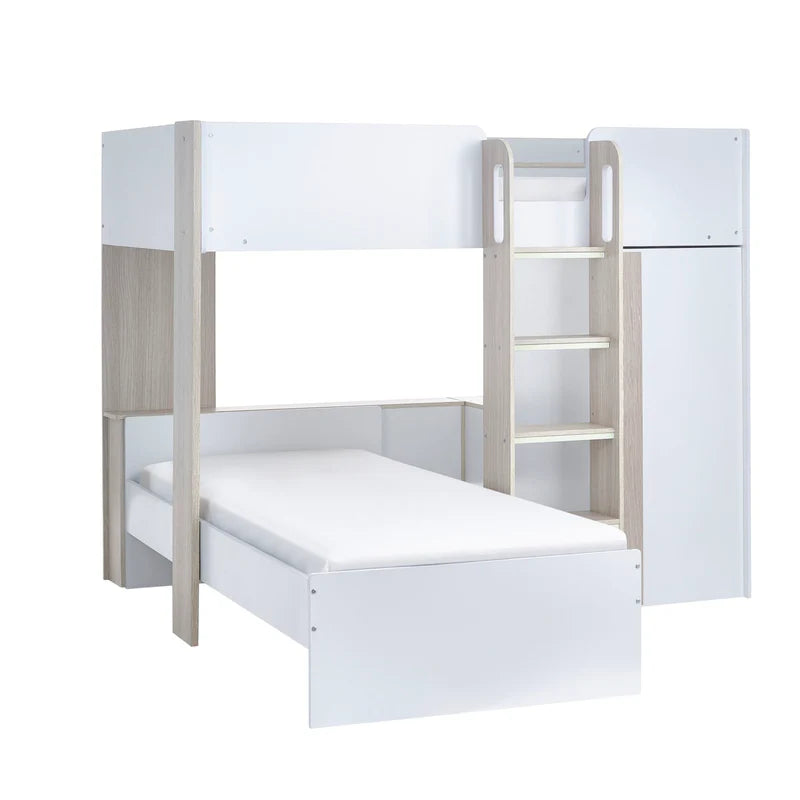 White and beige bunk bed with ladder and storage drawers on a white background