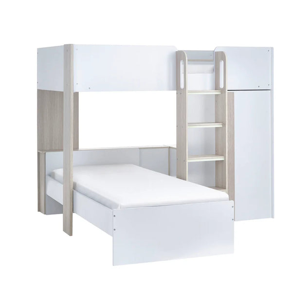 White and beige bunk bed with ladder and storage drawers on a white background
