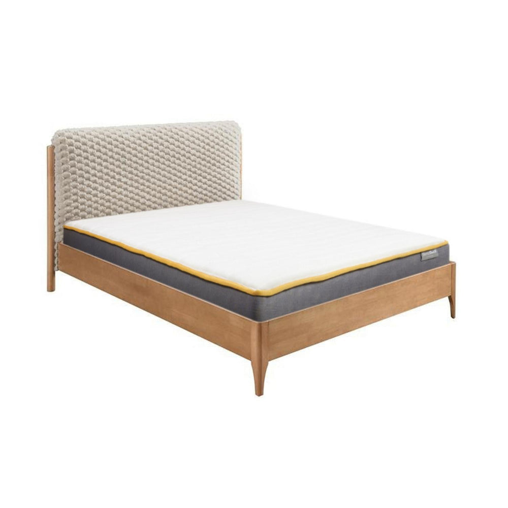 Bed with wooden frame, textured headboard, and mattress on a white background