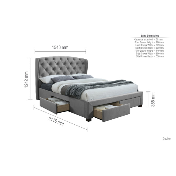 Gray tufted bed with storage drawers and dimensions on a white background