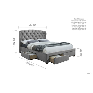 Gray tufted bed with storage drawers and dimensions on a white background