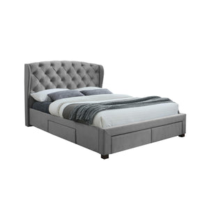 Gray upholstered bed with tufted headboard on a white background