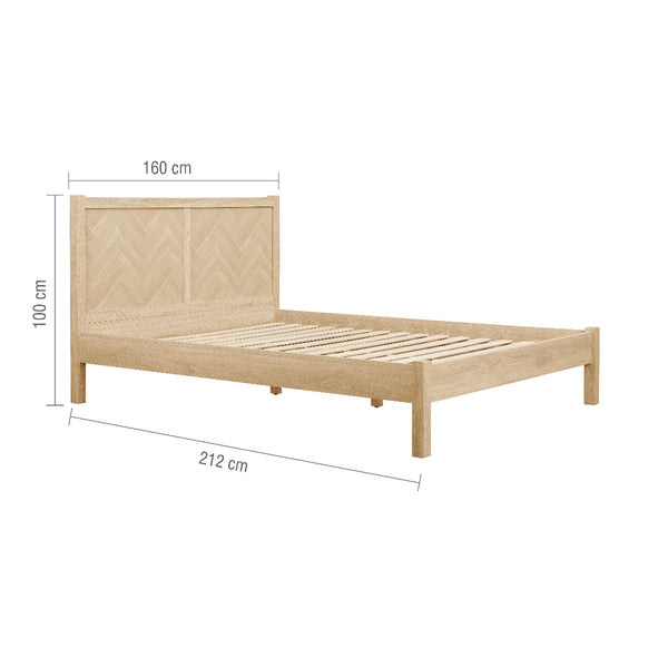 Wooden bed frame with dimensions on a white background