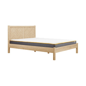 Wooden bed frame with mattress on a white background