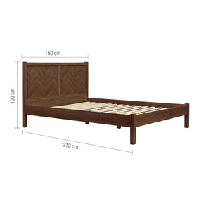 Wooden bed frame with dimensions on a white background