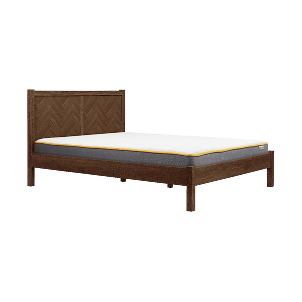 Wooden bed frame with herringbone pattern on white background