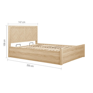 Wooden bed frame with dimensions on a white background