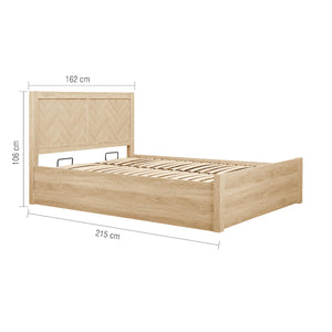 Wooden bed frame with dimensions on a white background