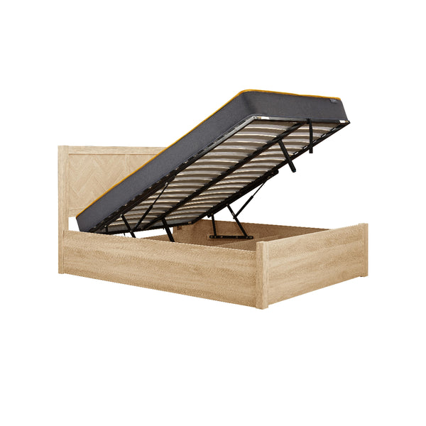 Wooden bed frame with storage compartment on a white background