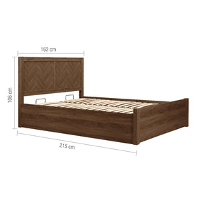 Wooden bed frame with dimensions on a white background