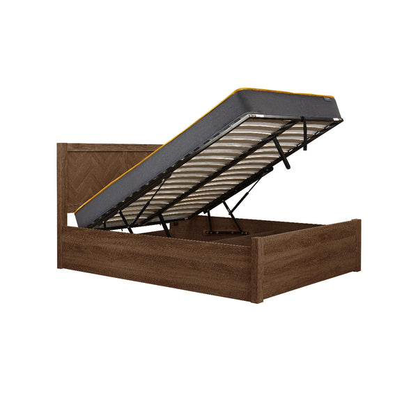 Wooden bed frame with storage compartment on a white background
