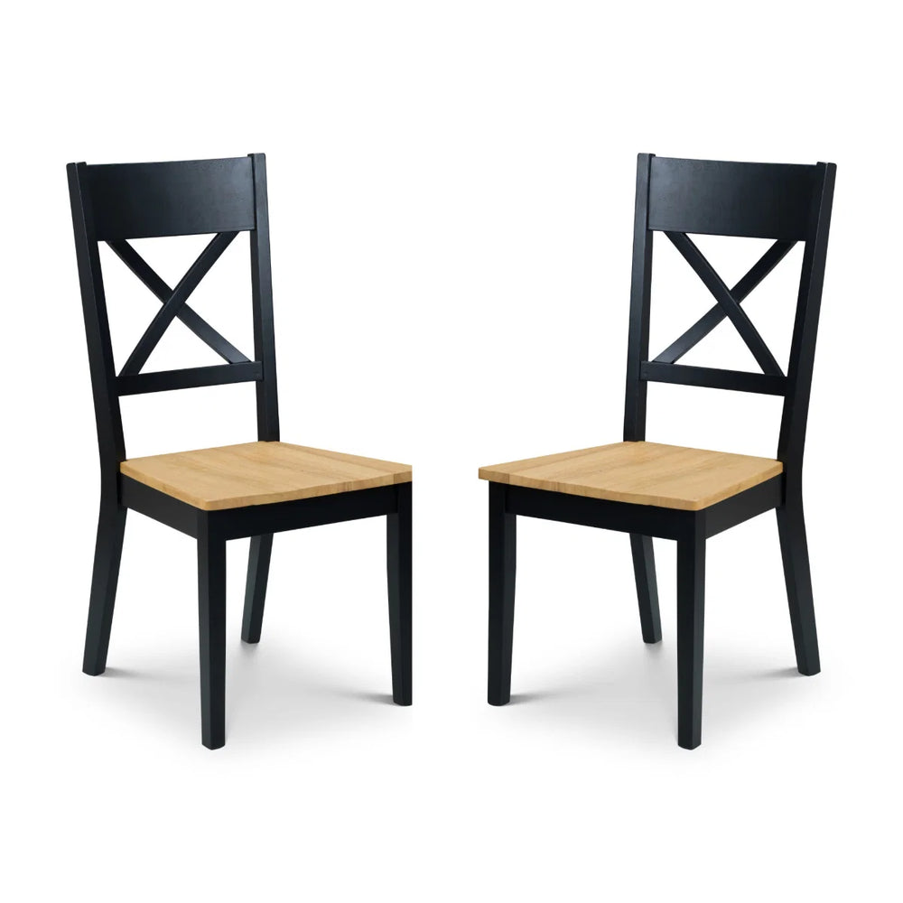 Two black chairs with wooden seats on a white background