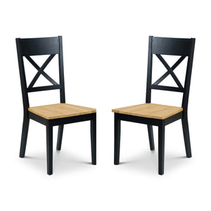 Two black chairs with wooden seats on a white background