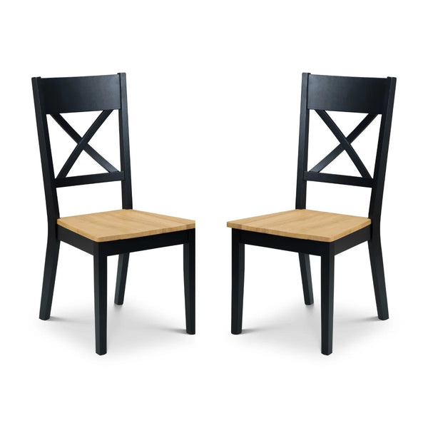 Two black chairs with wooden seats on a white background