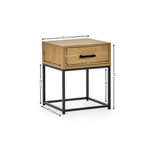 Wooden side table with dimensions indicated on a white background