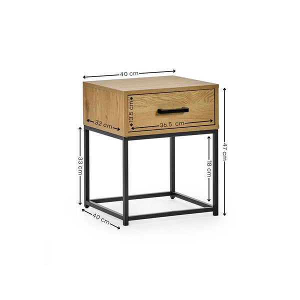 Wooden side table with dimensions indicated on a white background