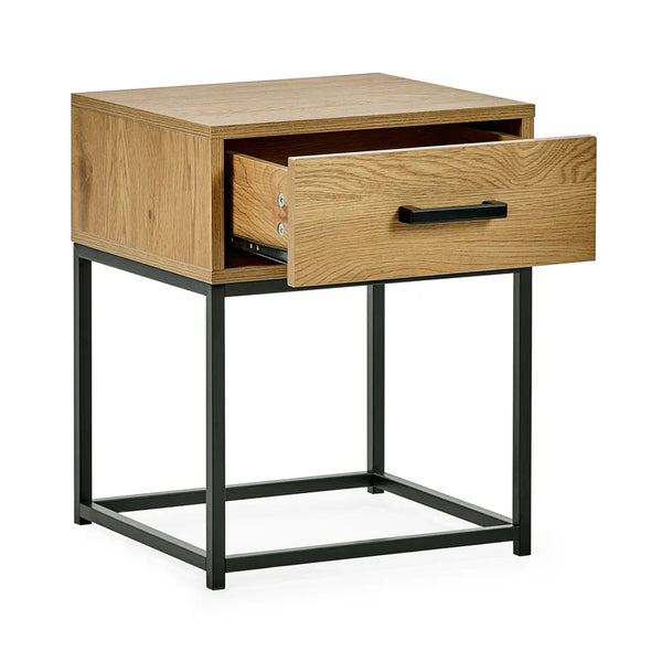 Wooden side table with a drawer and metal frame on a white background