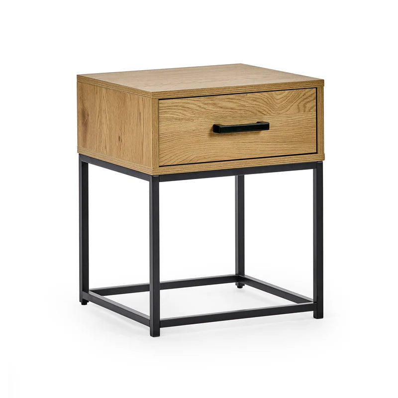 Wooden side table with a drawer and black metal frame on a white background