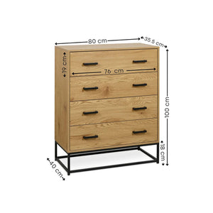 Wooden chest of drawers with dimensions labeled on a white background