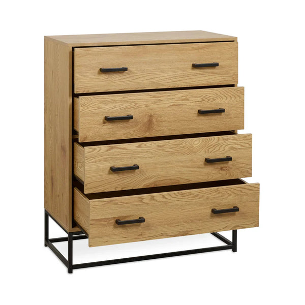 Wooden dresser with four drawers and black metal legs on a white background